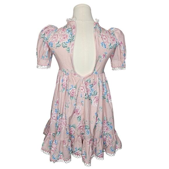 Vtg Daisy Kingdom Pink Floral Fit & Flare Dress Lace Trim Puff Sleeve Girls Sz 6 - Picture 6 of 8
